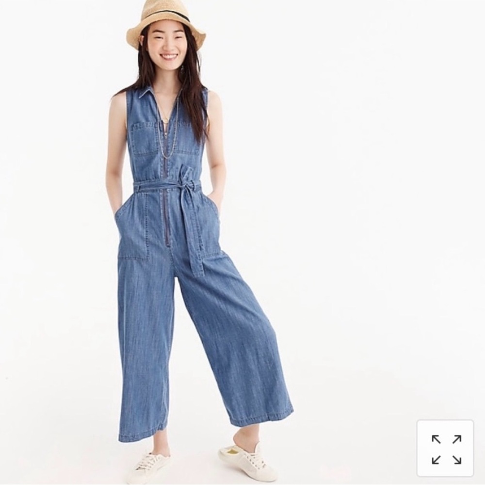 J Crew Point Sur Zip-Front Chambray Jumpsuit Blue Denim Size 10